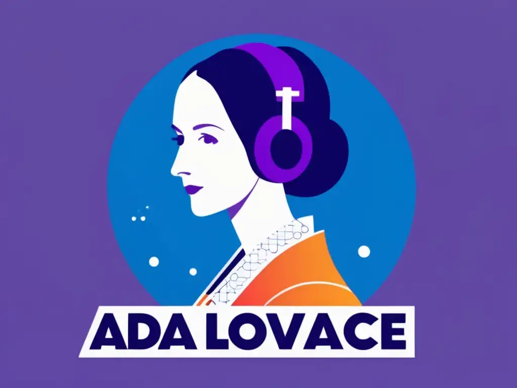 Ilustración minimalista de Ada Lovelace, programadora histórica, en fondo blanco con formas geométricas y colores modernos