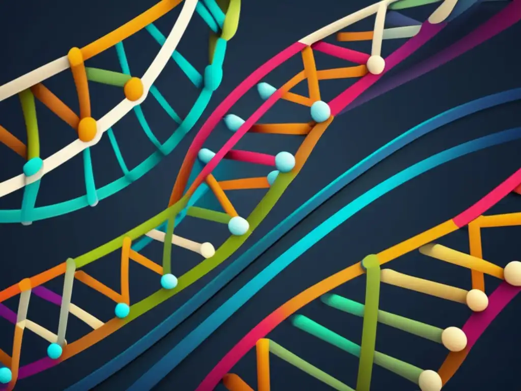 ADN interconectado en formas geométricas coloridas Beneficios de la ingeniería genética en enfermedades hereditarias: ADN geométrico entrelazado en colores, representando complejidad genética