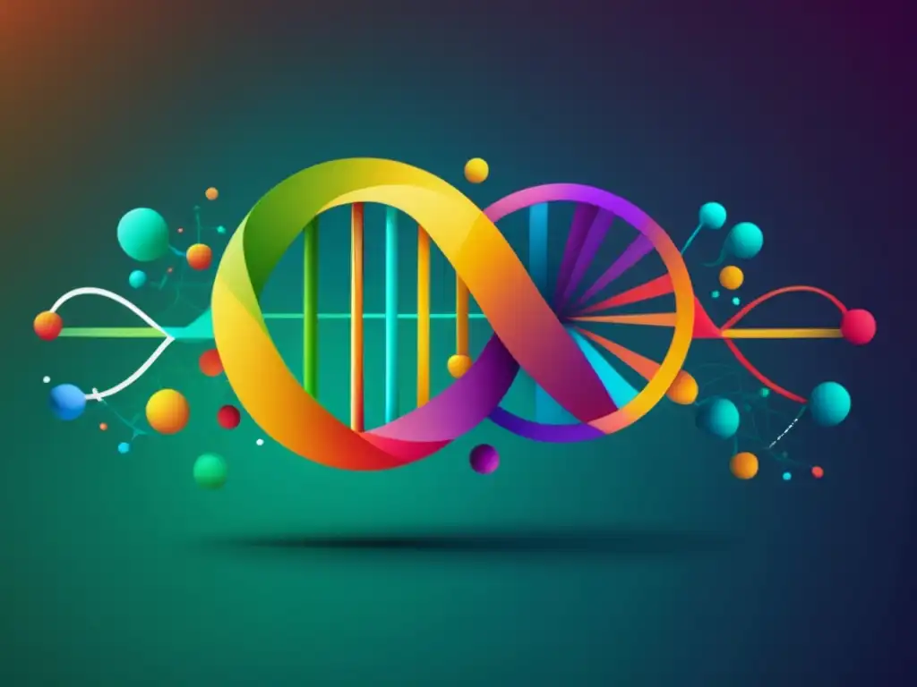 Bioinformática postgenómica: Estructura de ADN abstracta y colorida con información genética interconectada