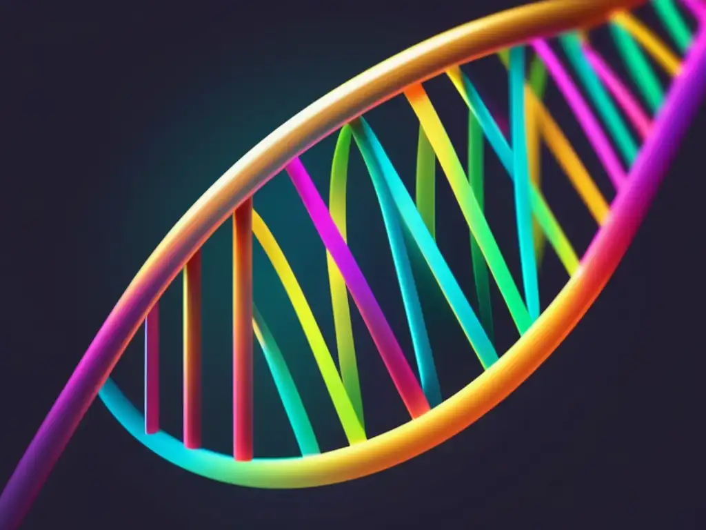 ADN brillante: manipulación genética Ingeniería genética y vida eterna: ADN helicoidal en fondo oscuro, con líneas neón vibrantes que se entrelazan y pulsan a su alrededor