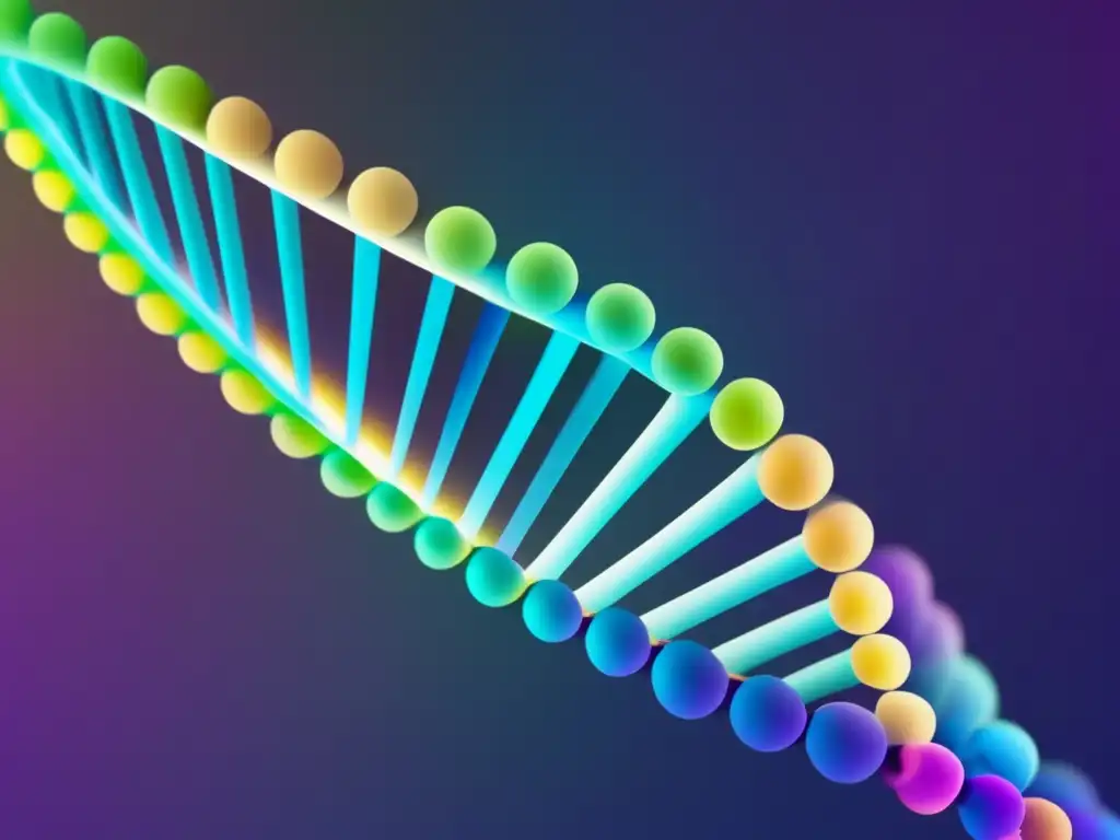 Imagen de doble hélice de ADN entrelazada con coloridos patrones de partículas, destacando la conexión entre epigenética y cambios genéticos