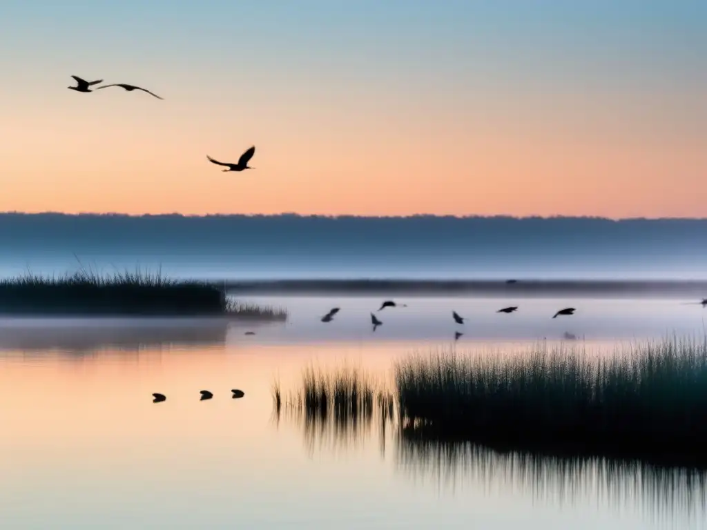 Importancia de los humedales en el ecosistema terrestre: amanecer sereno en un vasto humedal, con aves migratorias en vuelo