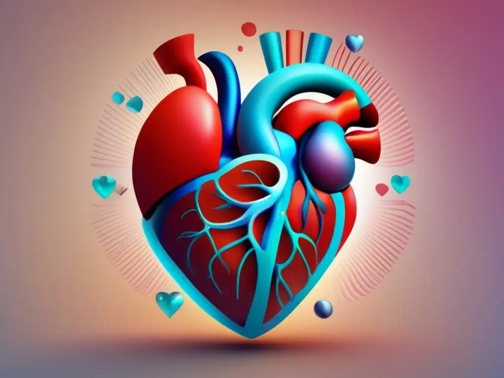 Visualización científica en medicina: Representación abstracta y vibrante del cuerpo humano con corazón pulsante y sistemas interconectados