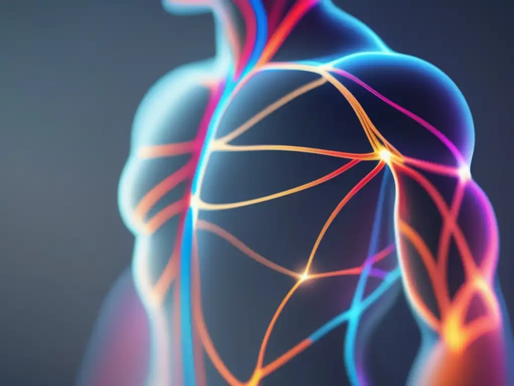 Anatomía humana: Silueta transparente con líneas neon que representan músculos, huesos y órganos, en estilo minimalista y abstracto