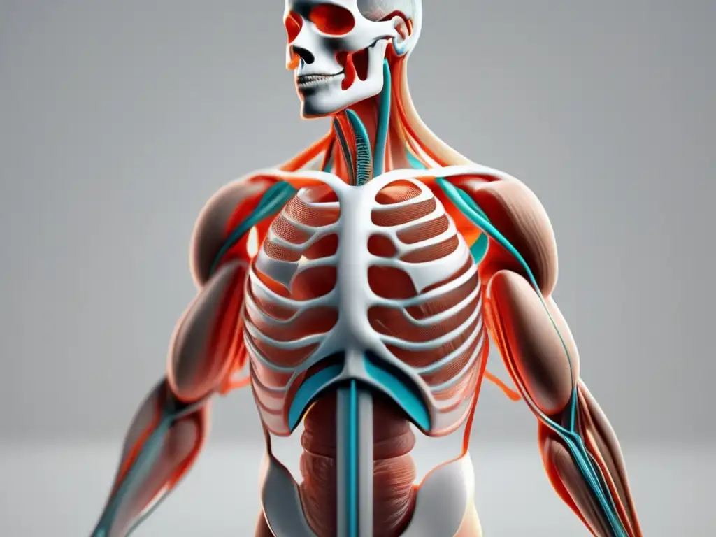 Descubriendo la anatomía humana completa: imagen detallada en 8k de un modelo en 3D del cuerpo humano, destacando cada músculo, órgano y hueso