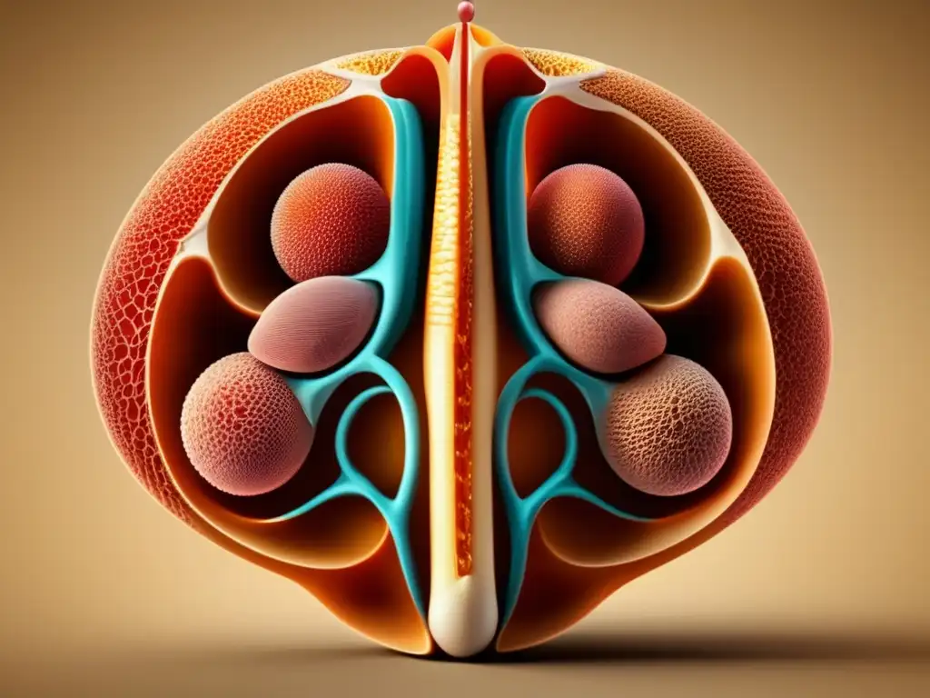 Anatomía humana fascinante: órganos reproductores, formas geométricas abstractas, detalles intrincados, colores sutiles