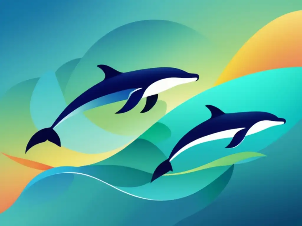 Ilustración abstracta de animales marinos en un océano, con colores vibrantes y movimiento