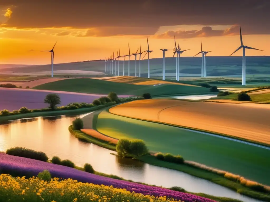 Paisaje rural con río, campos verdes y molinos eólicos: Ética en el uso del electromagnetismo