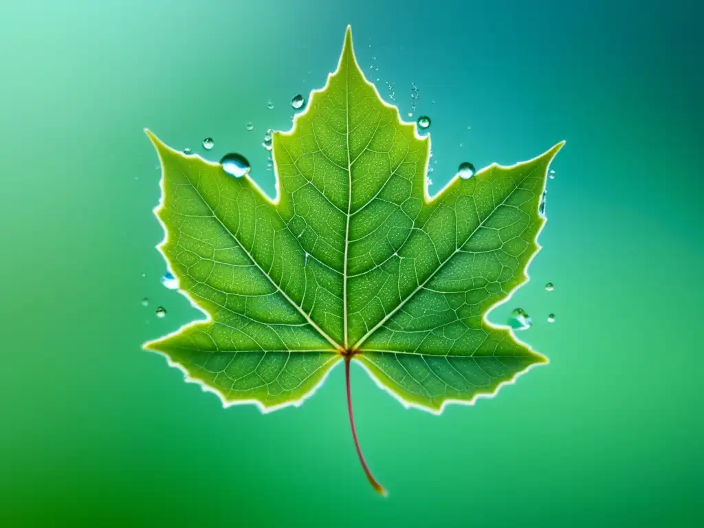 Hoja verde sumergida en agua clara, simetría perfecta, gotas brillantes