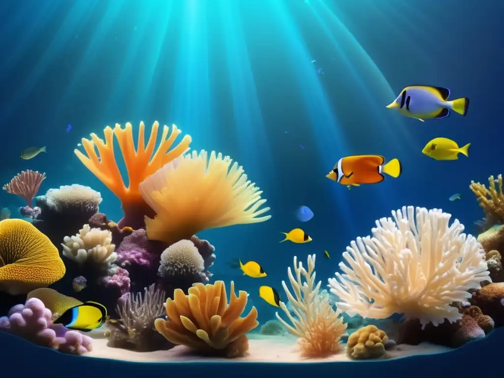 Impacto turismo ecosistemas marinos: Coral reef vibrante y diverso, con peces tropicales y juegos de luz