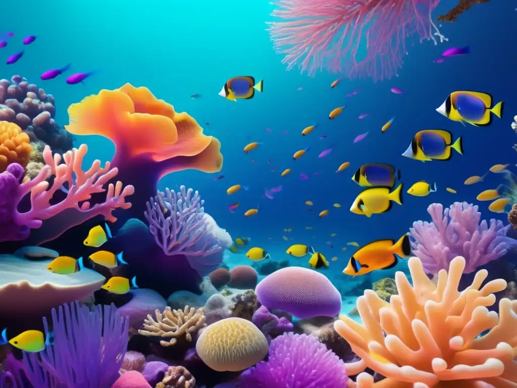 Coral reef: ecosistema vibrante y detallado en 8k, con toque minimalista y abstracto