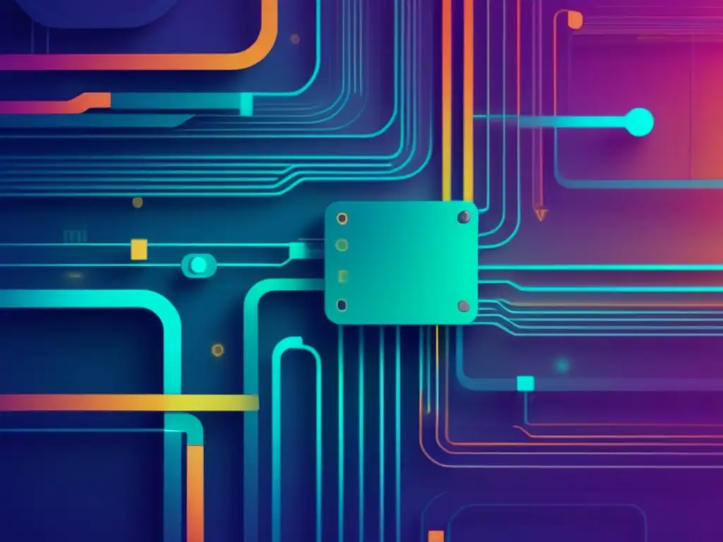 Tecnología de materiales avanzados: circuitos interconectados en vibrantes colores, simbolizando la complejidad y potencial transformador