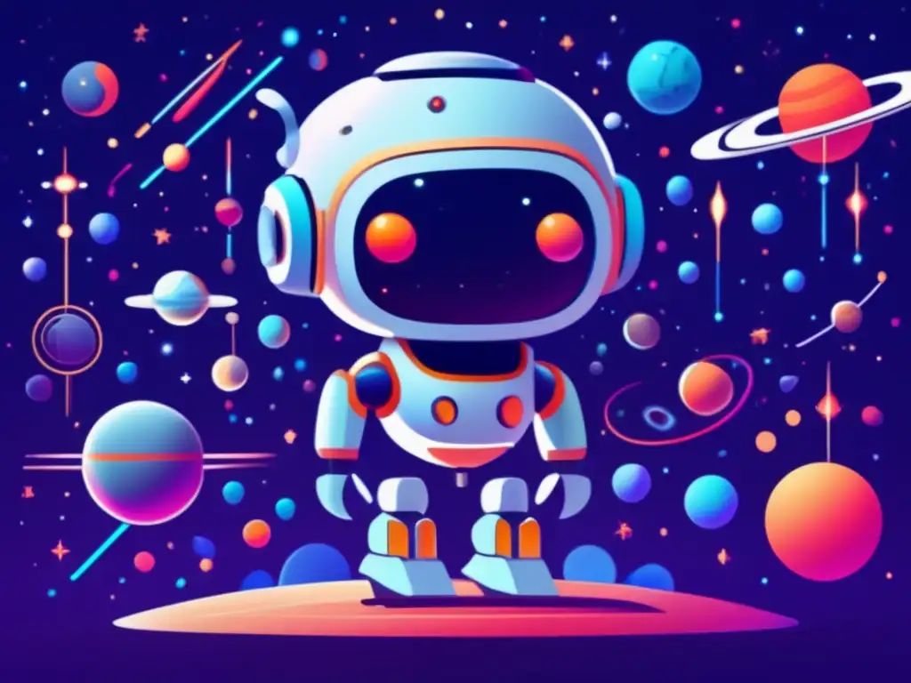 Biorobot en el espacio explorando el universo con planetas y lunas