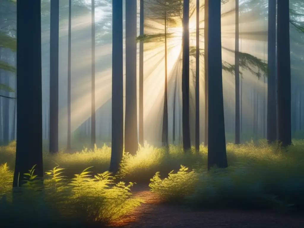 Bosque denso al atardecer con rayos de luz dorada filtrándose entre los árboles