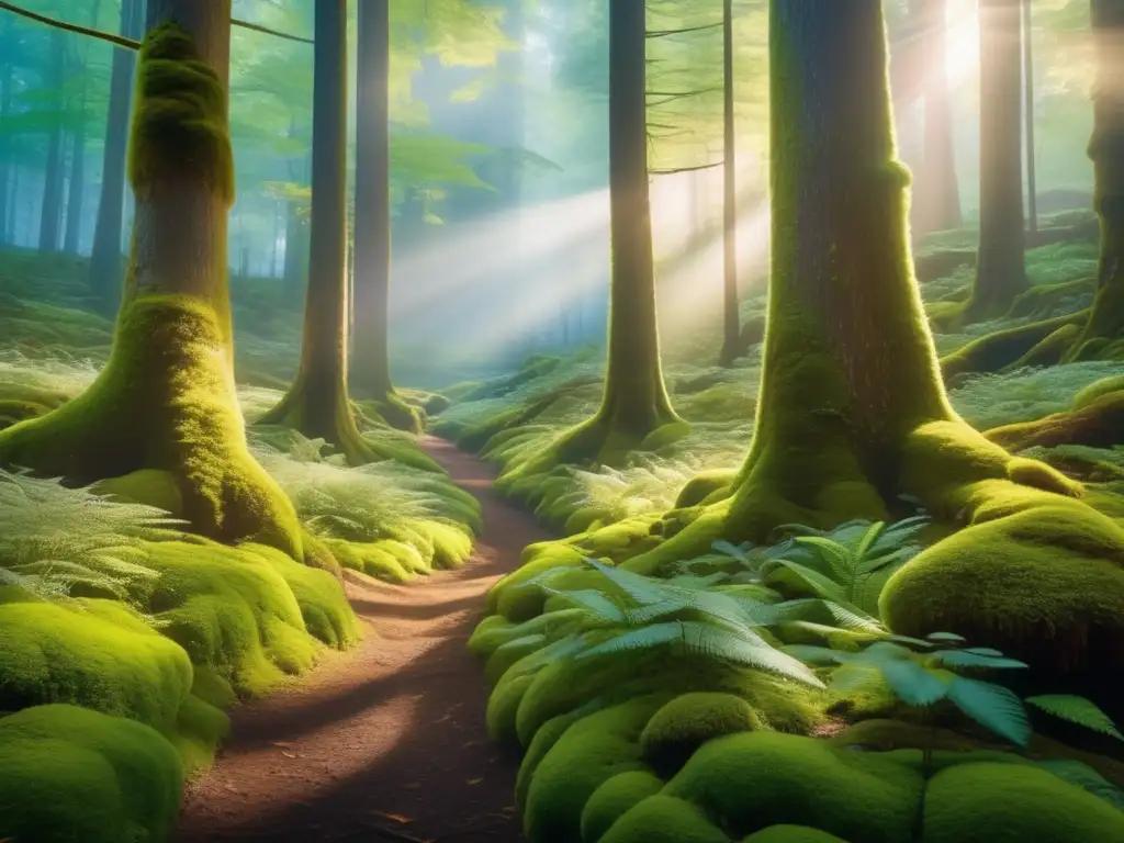 Impresionante imagen 8K de un bosque prístino con árboles majestuosos, musgo verde vibrante y rayos de sol filtrándose a través del dosel