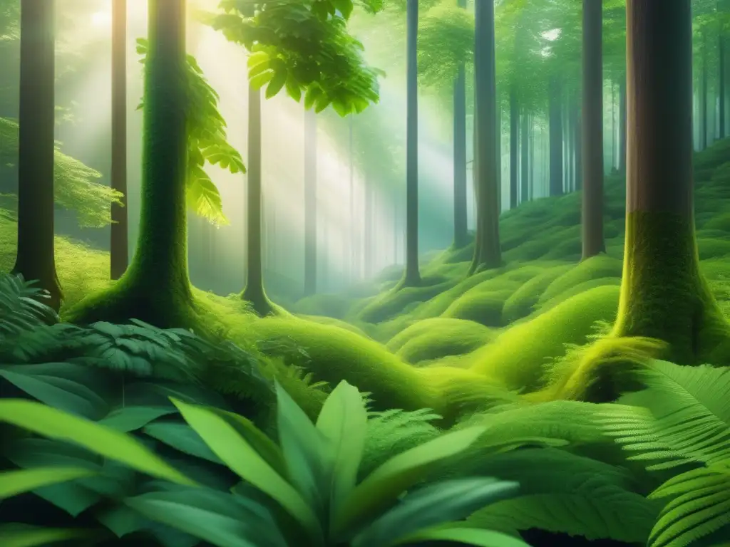 Imagen 8K de un bosque verde exuberante con plantas diversas