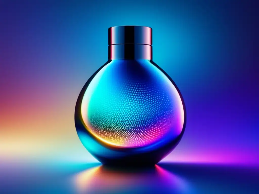 Materiales avanzados en belleza y cosmética: imagen 8k de una botella de vidrio translúcido con diseño futurista, líquido brillante y patrones de luz