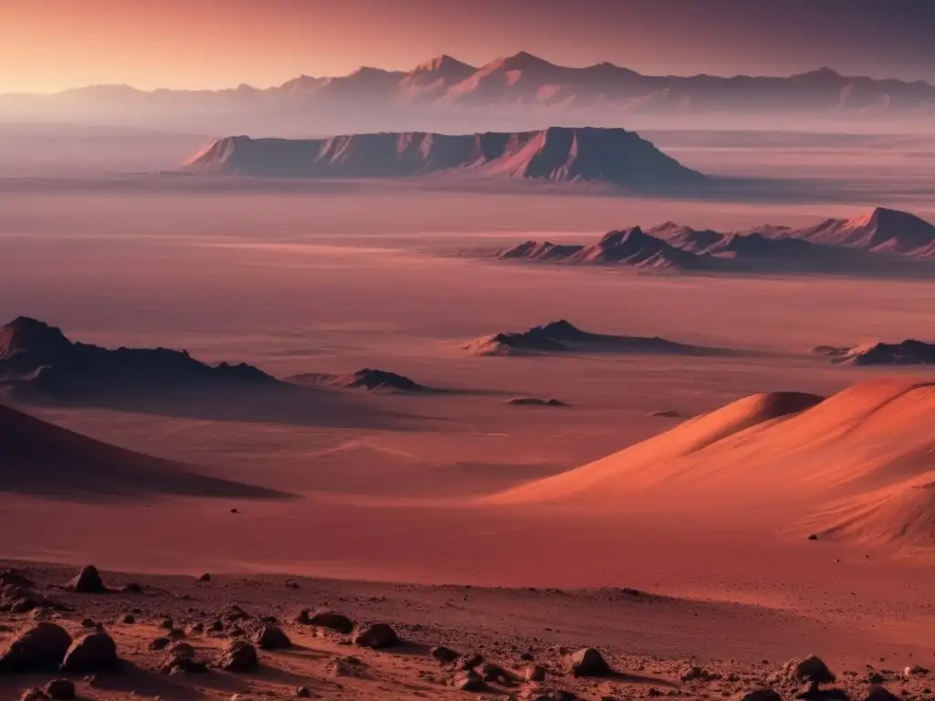 Búsqueda de vida en Marte: paisaje marciano detallado en 8k, montañas, cielo estrellado y nave espacial