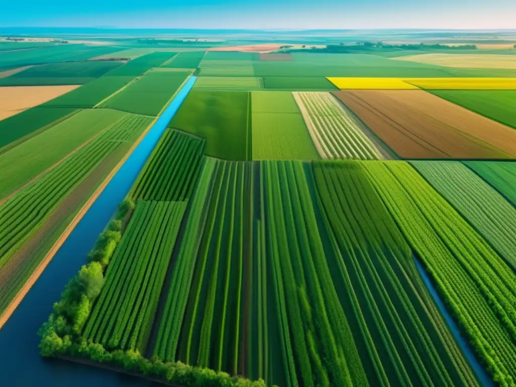 Geomatemática aplicada a agricultura de precisión: campo con cultivos tecnológicos en paisaje limpio y sereno