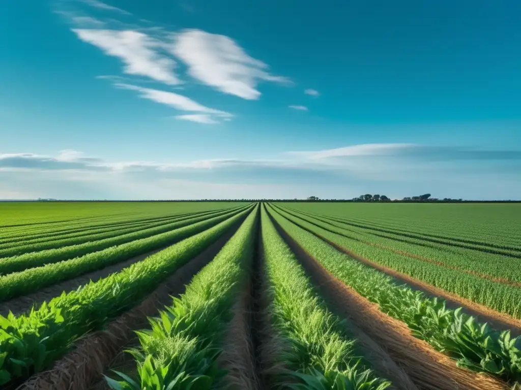 Importancia meteorología en agricultura: campo sereno, cultivos verdes y saludables, cielo azul, sombras sutiles