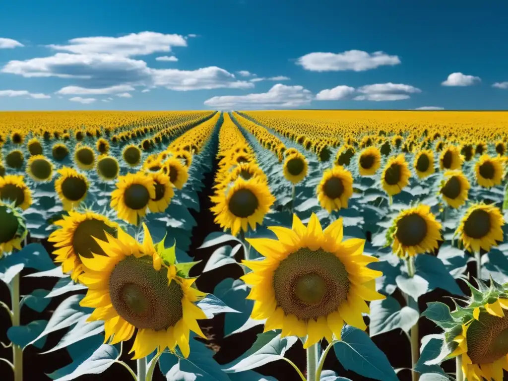 Impacto energías renovables compañías petróleo: campo de girasoles geométricos representa eficiencia y desarrollo tecnológico