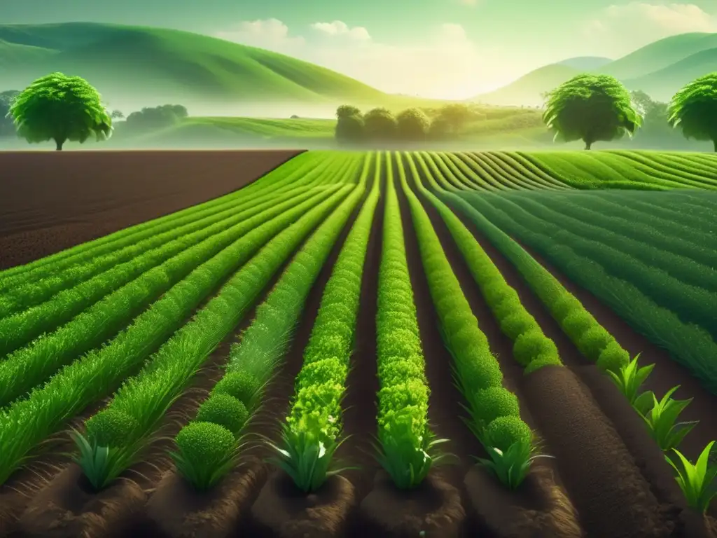 Campo verde exuberante con cultivos vibrantes y suelo fértil y saludable