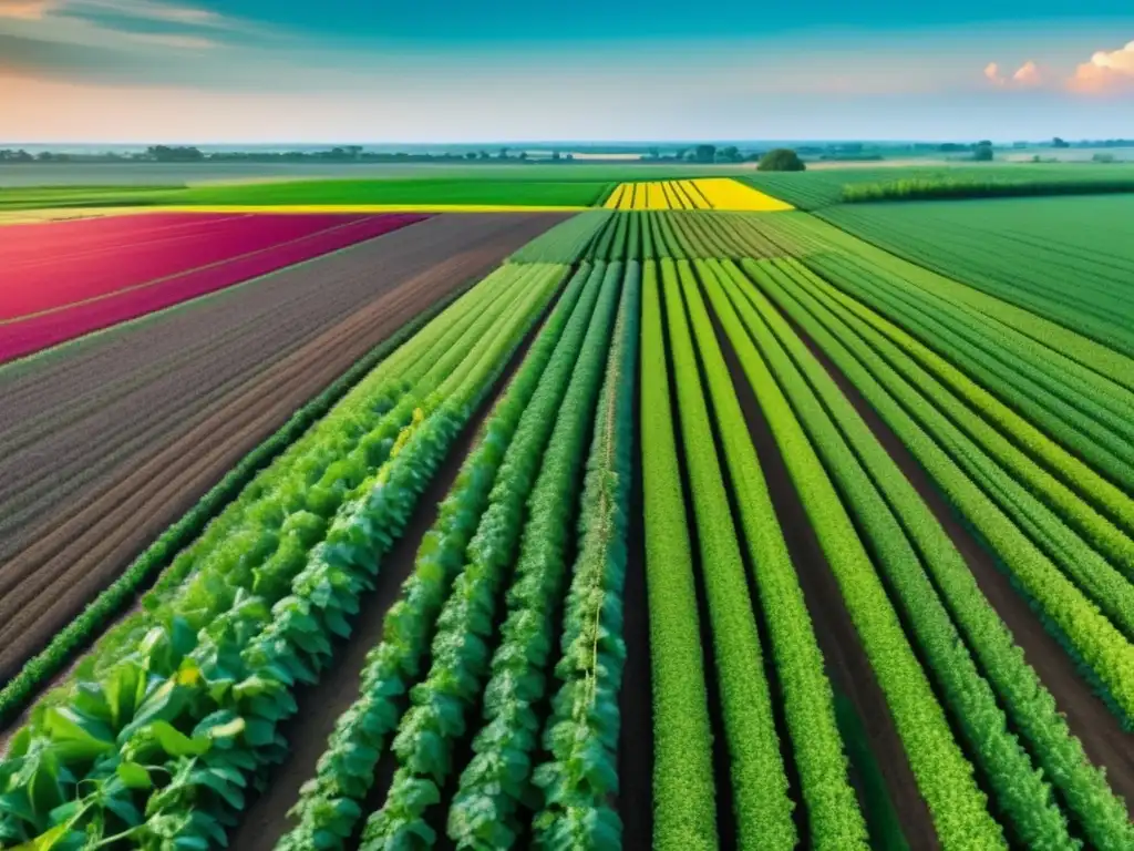 Beneficios de fertilizantes inorgánicos en agricultura: campo vibrante de cultivos alineados, productividad y calidad mejorada