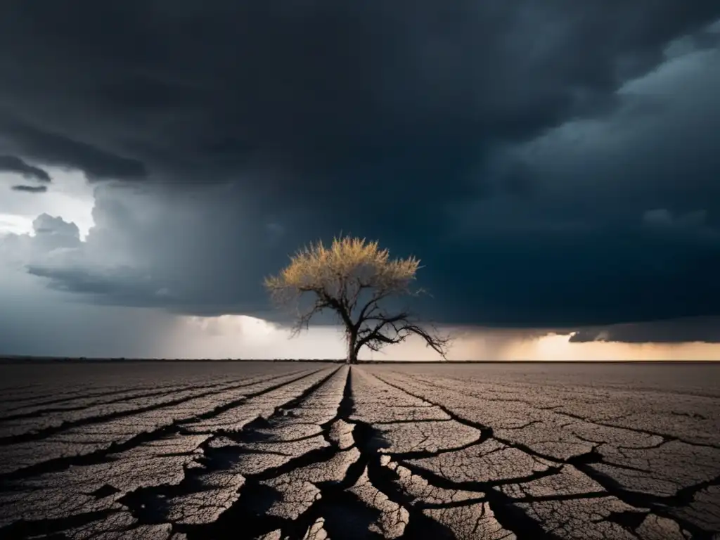 Campo árido y desolado con planta marchita y envases vacíos, simbolizando la crisis alimentaria