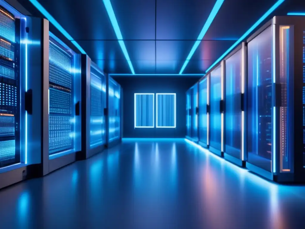 Futuro centro de datos cuánticos con tecnología de vanguardia Tecnologías cuánticas en análisis de datos: imagen de centro de datos futurista con quantum computing, científicos y flujo de datos vibrante