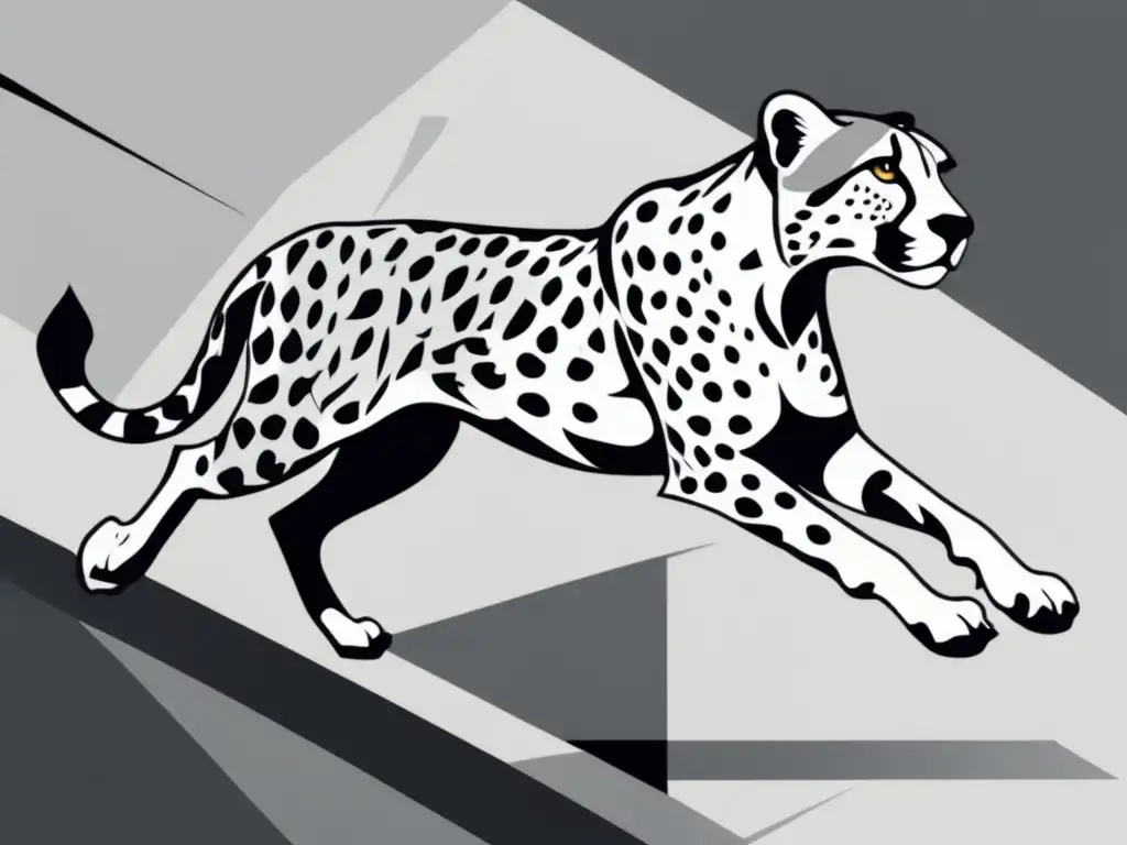 Cheetah en movimiento, representación detallada en blanco y negro que destaca su agilidad y velocidad