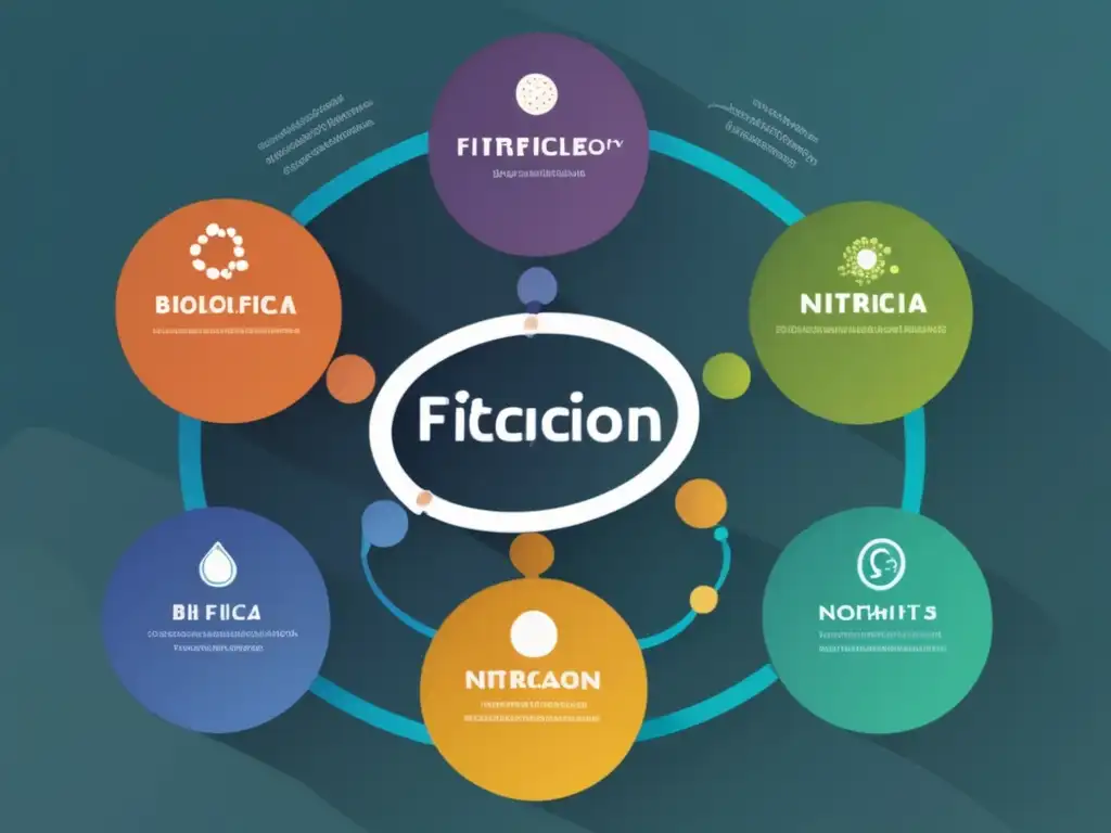 Importancia microorganismos ciclo nitrógeno: Representación abstracta del ciclo del nitrógeno con círculos interconectados y flechas de colores