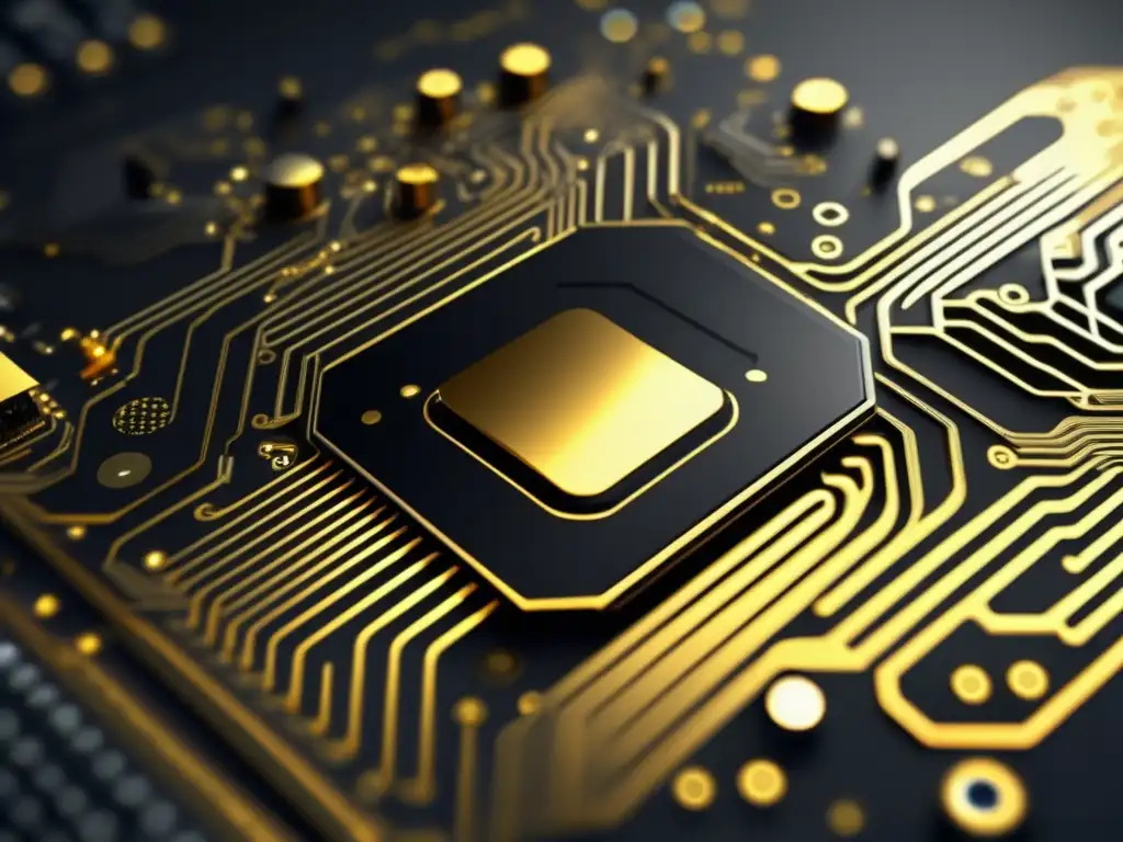 Los avances emocionantes en nanoelectrónica: placa de circuito abstracta y minimalista con intrincados patrones de trazas metálicas y componentes