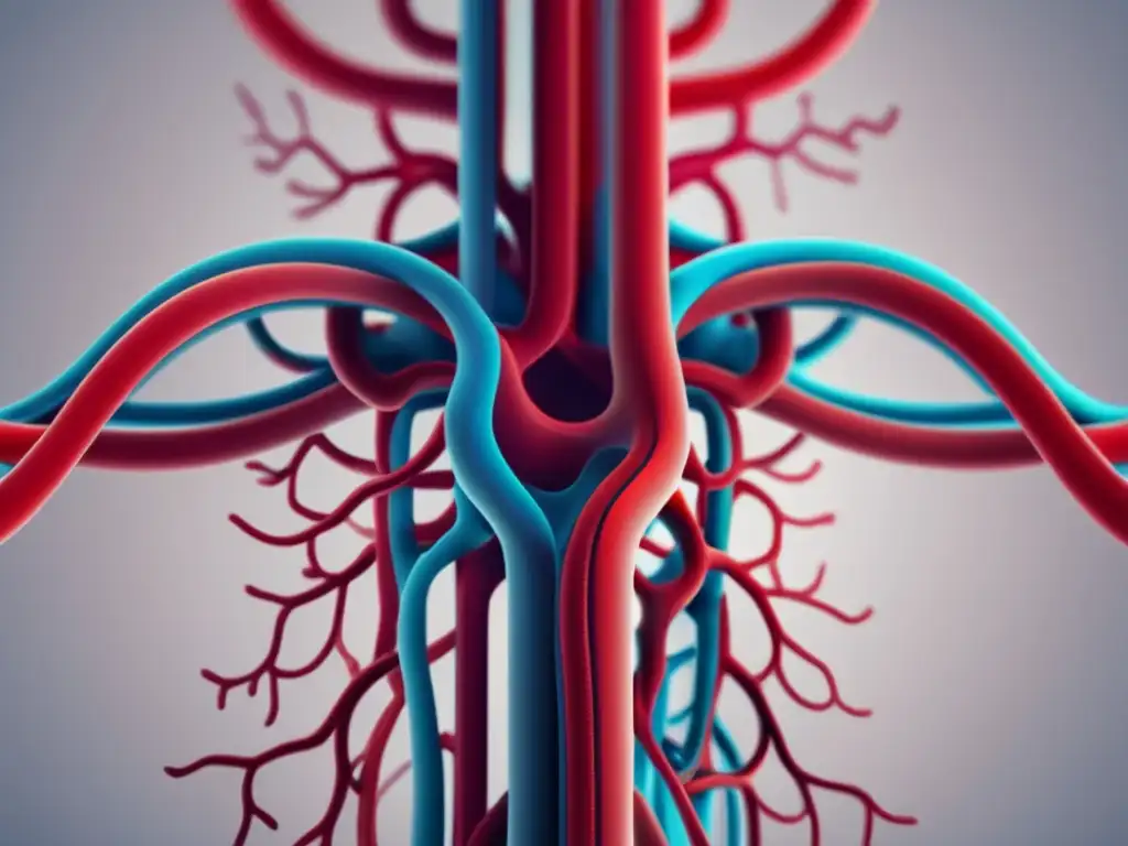 Funcionamiento sistema circulatorio humano: red de vasos sanguíneos, arterias y venas, en estilo minimalista y abstracto