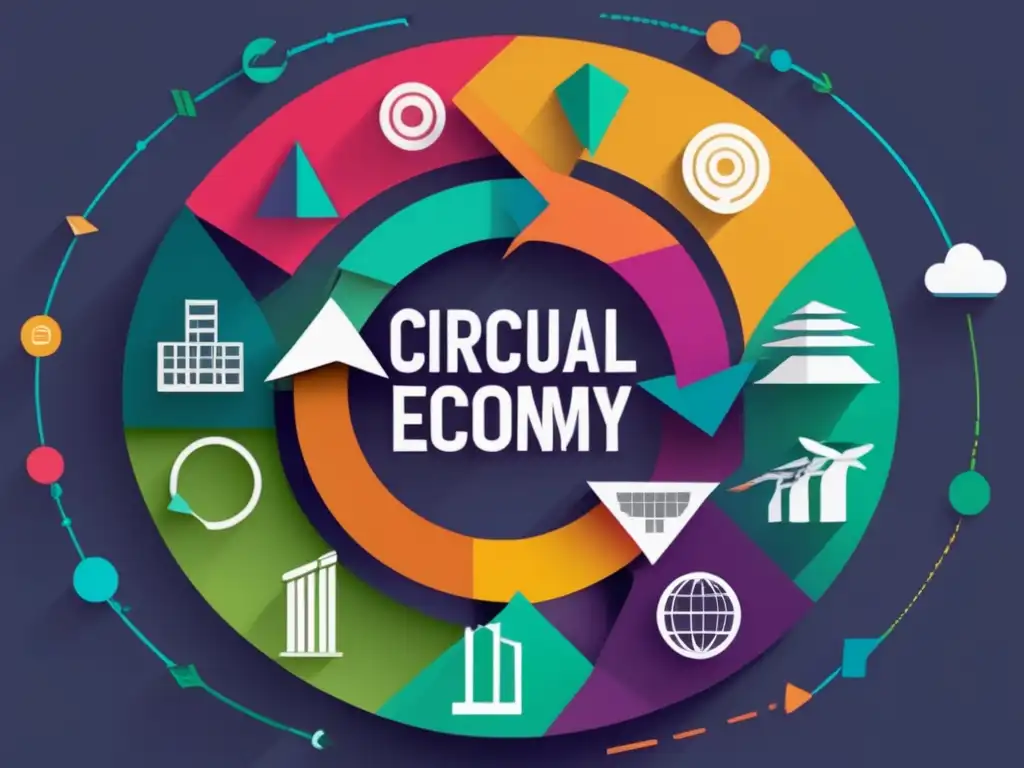 Economía circular y cambio climático: imagen abstracta de la economía circular en acción, con formas geométricas interconectadas y colores vibrantes que representan diferentes sectores