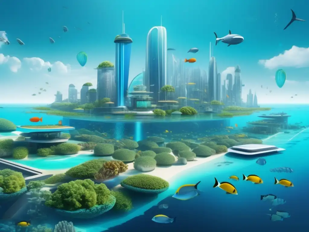 Perspectivas futuras de la ecología marina: ciudad submarina futurista con tecnología innovadora y arrecifes de coral vibrantes