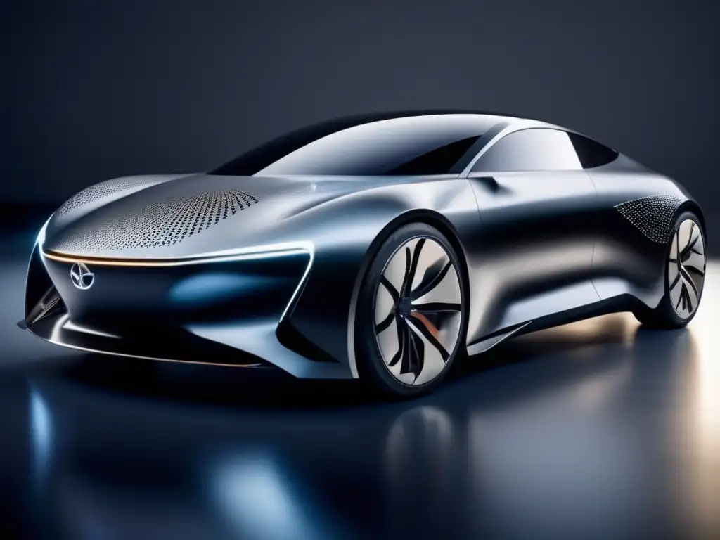 Coche futurista con nanotecnología Un auto futurista con aplicaciones de nanotecnología en su diseño, con una apariencia minimalista y aerodinámica