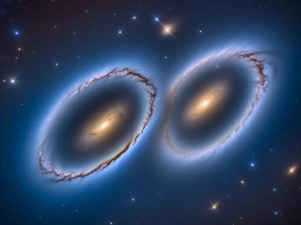 Fusión galáctica: fenómeno astronómico fascinante - Dos galaxias elípticas masivas colisionando en un ballet cósmico de fuerzas gravitatorias