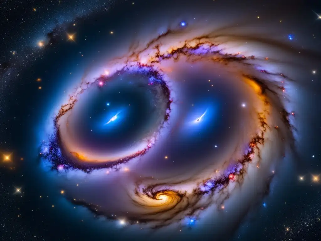 Fusión galáctica: imagen fascinante de dos galaxias en colisión, con espirales y colores cautivadores