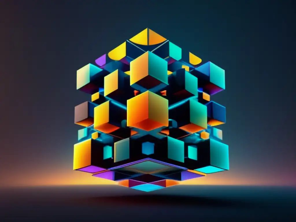 Composición geométrica de energía sostenible Beneficios ingeniería genética en energía sostenible: Composición abstracta de formas geométricas vibrantes y precisas en un vacío oscuro