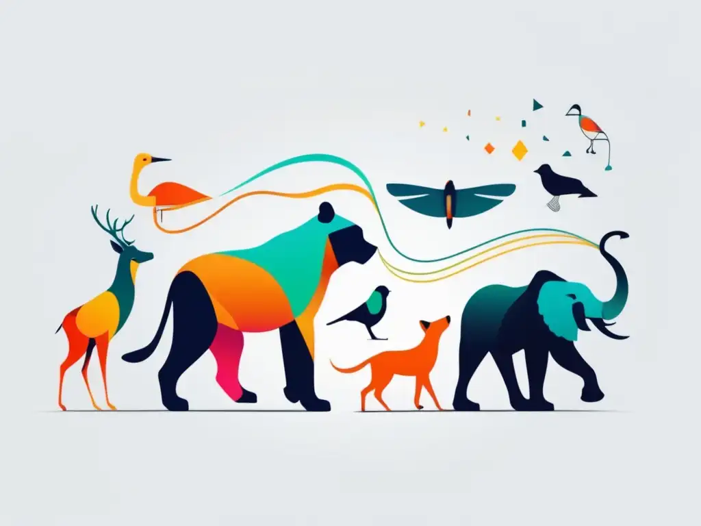 Evolución comunicación animal, formas y colores vibrantes que representan diversidad y complejidad