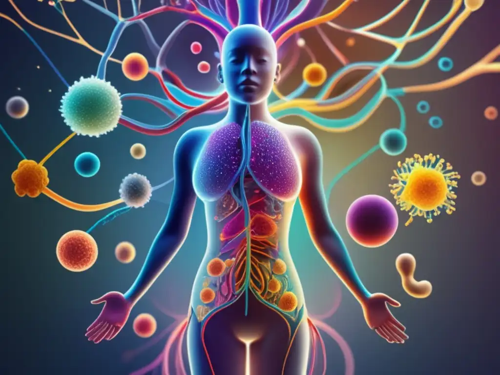 El sistema inmune y el microbioma humano Importancia del microbioma en el sistema inmunológico: imagen 8K detallada del cuerpo humano y su microbioma