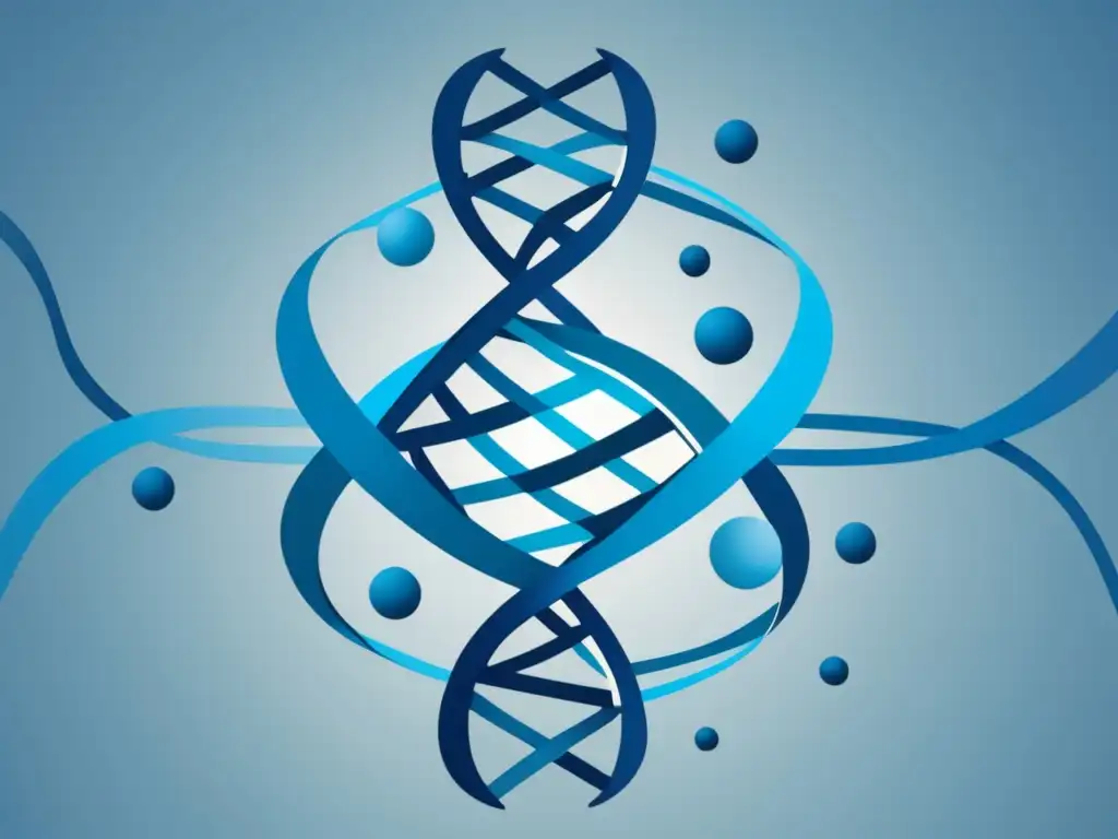 Conexión epigenética y longevidad: Representación abstracta de ADN y modificaciones epigenéticas en un complejo entrelazado