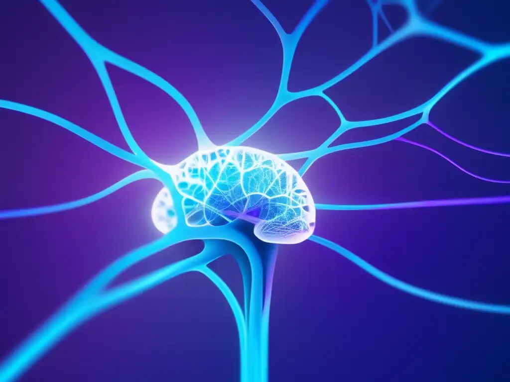 Evolución neurobiológica del cerebro humano, complejas conexiones neuronales en vibrantes tonos de azul y morado