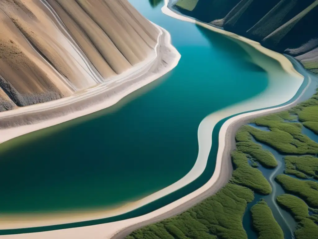 Impacto ambiental química inorgánica minería: paisaje sereno con río puro se contamina gradualmente por procesos químicos dañinos