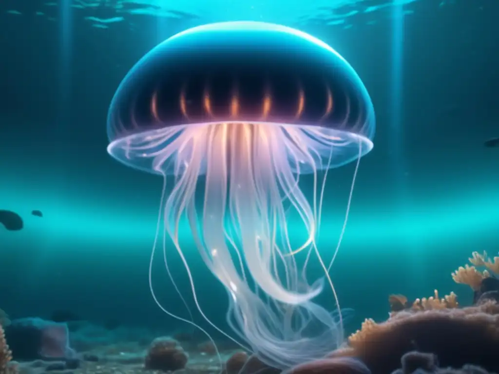 Descubrimiento de misterios abisales: fascinante escena submarina con organismo bioluminiscente y patrones fractales