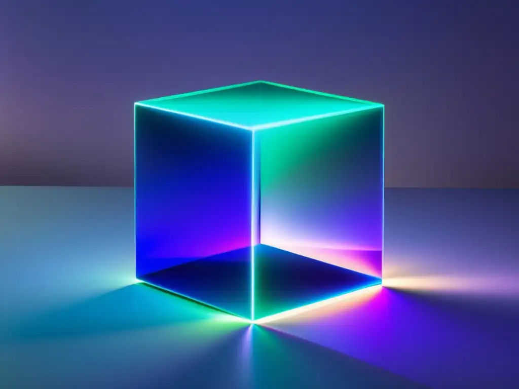 Influencia de Platón en ciencia moderna: Imagen abstracta de un cubo tridimensional compuesto por capas translúcidas de tonos azules, verdes y morados