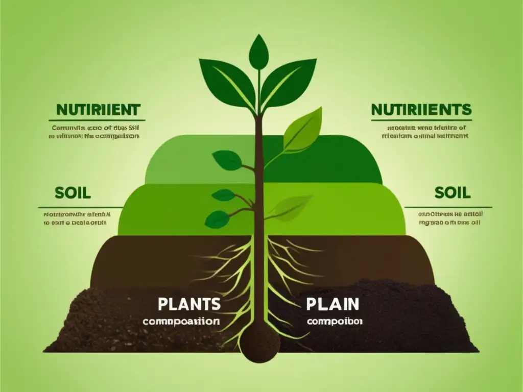 Ciclo nutrientes en suelo: raíces verdes absorbentes, descomposición materia orgánica, fijación nitrógeno, retorno nutrientes