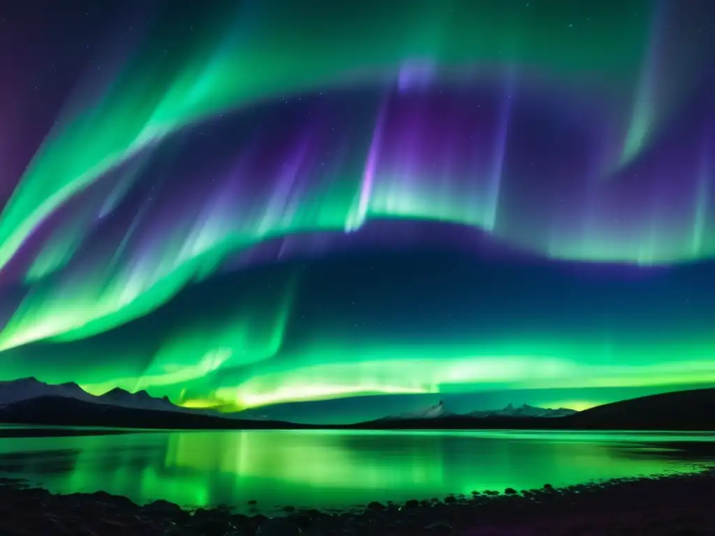 Aurora boreal y austral: danza celestial en vibrantes tonos verdes y púrpuras