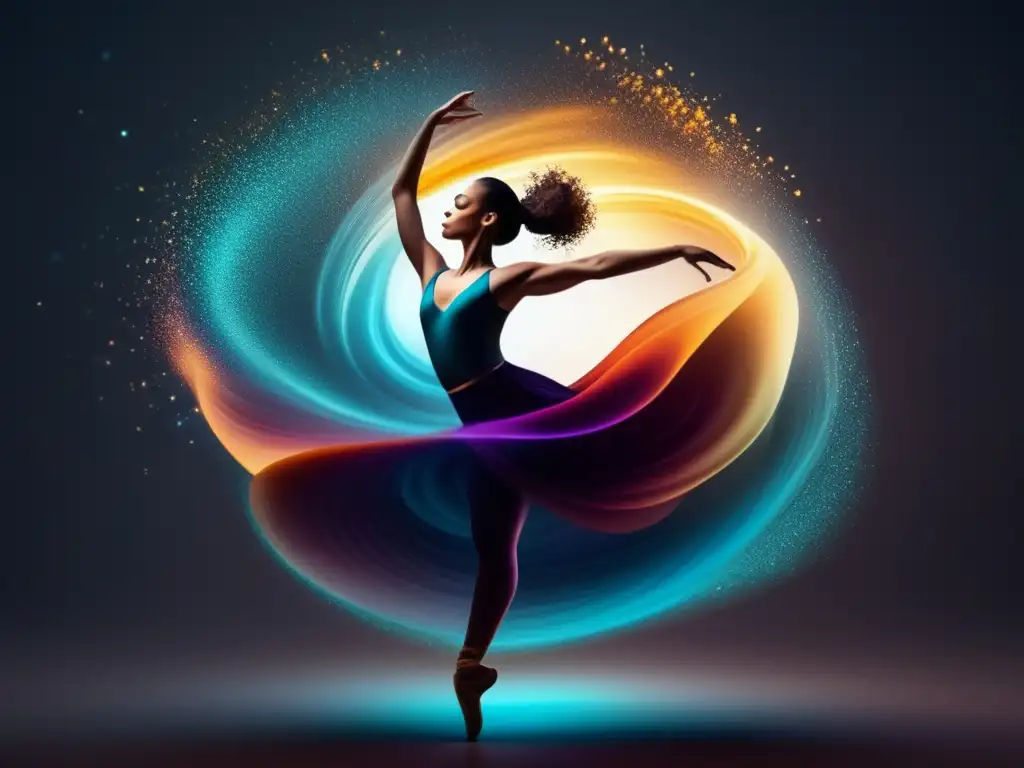 Movimiento de partículas en danza: imagen 8K abstracta y minimalista con colores vibrantes y una bailarina en pose dinámica