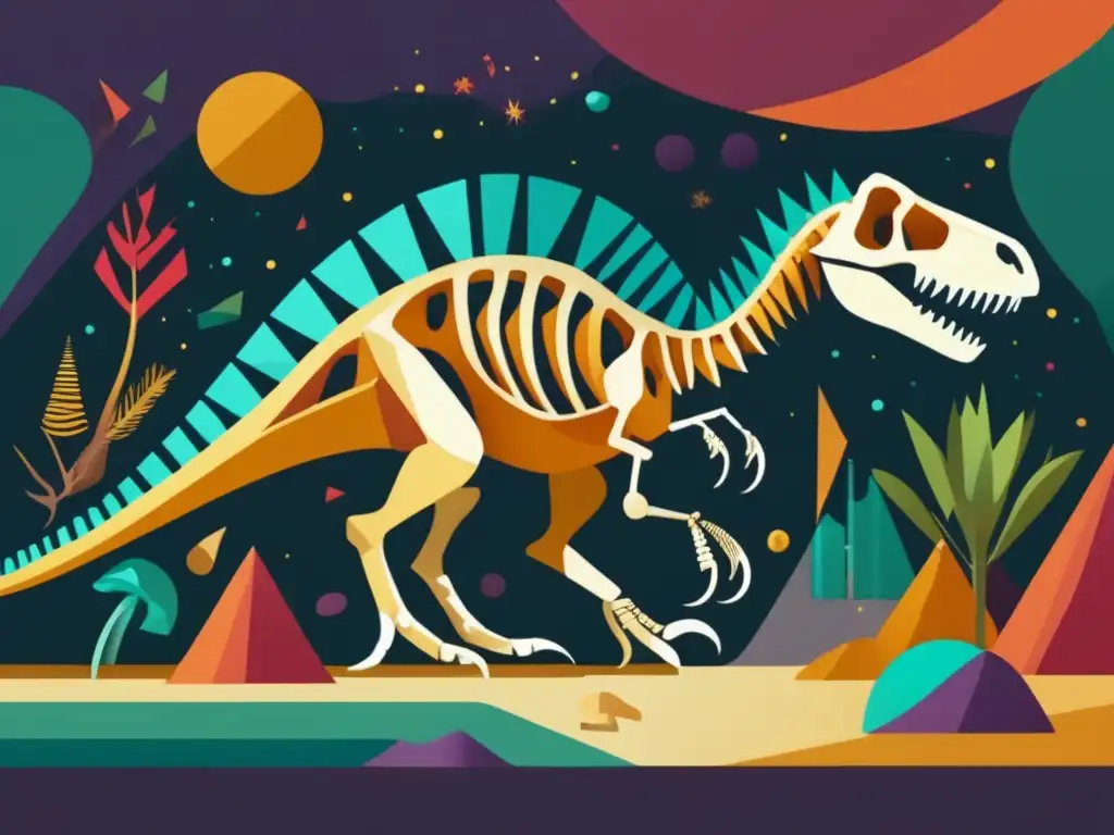 Paleontología de dinosaurios: secretos revelados en imagen abstracta de colores vibrantes y esqueleto fósil poligonal